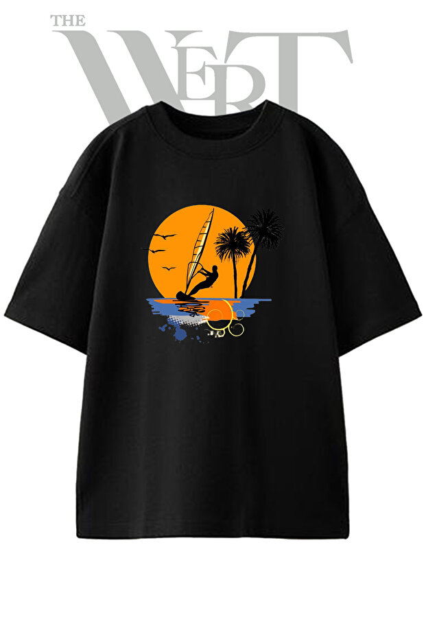 Windsurfer Sunset Design Printed Unisex Black Oversize T-Shirt