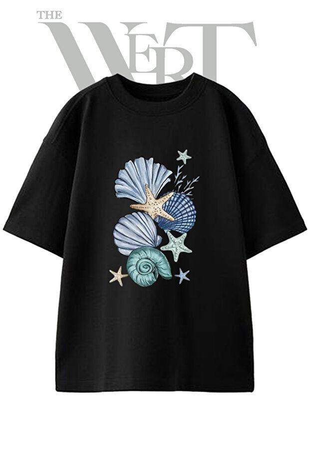Sea Shells Sea Star Design Printed Unisex Black Oversize T-Shirt