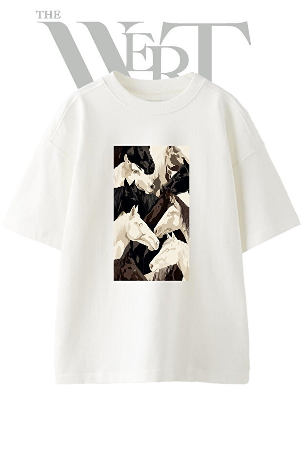 Horse Art Design Printed Unisex White Oversize T-Shirt