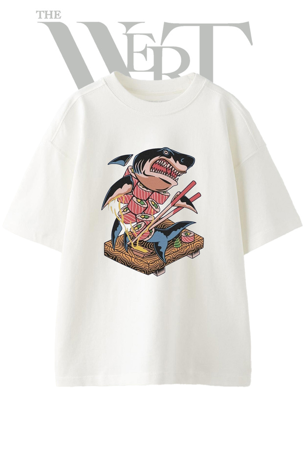 Sushi Shark Design Printed Unisex White Oversize T-Shirt