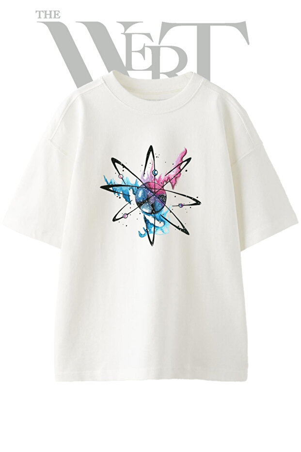 Atom Galaxy Design Printed Unisex White Oversize T-Shirt