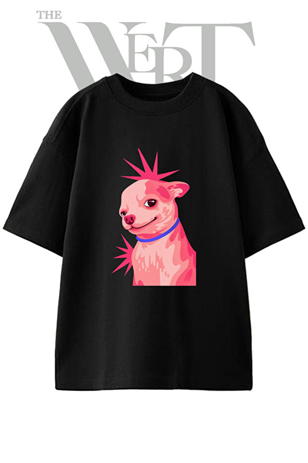 Chihuahua Punk Design Printed Unisex Black Oversize T-Shirt