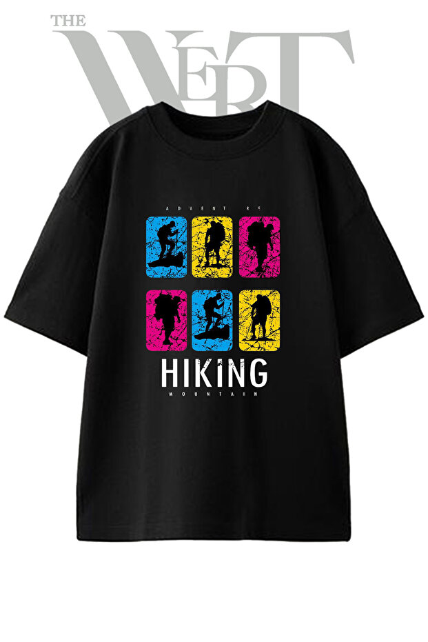 Hiking Hiker Design Printed Unisex Black Oversize T-Shirt