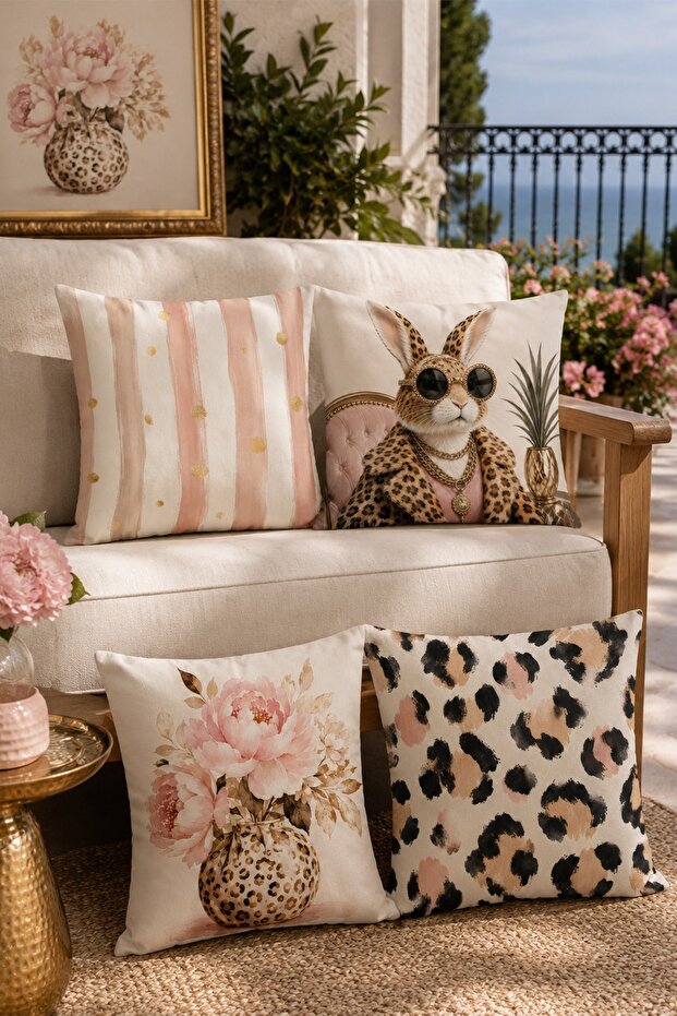 Pink Rich Rabbit Patterned 4-Piece Throw Pillow Cover Set