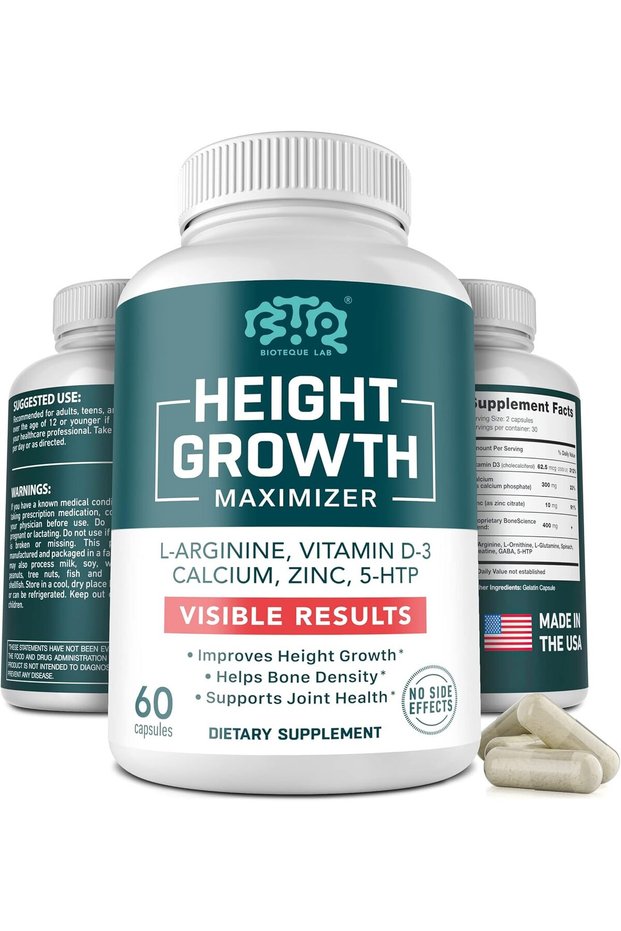 BIOTEQUELAB Height Growth Maximizer, Calcium, Vitamin D3 and Zinc Blend Pills, Bone Growth Supplement for Kids and Teens, Bone Strength, Density Support, GMO-Free, Gluten-Free, Made in USA, 60 Caps