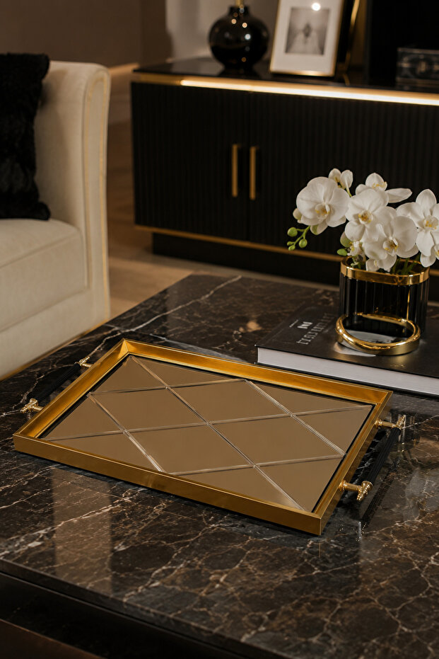 Premium Mirrored Diamond Gold Framed Decorative Tray with Gold Detail 46X28 cm