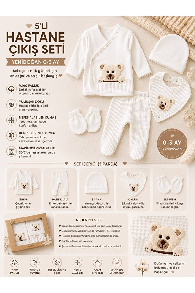 5 Piece 100% Cotton Newborn Baby Hospital Discharge Set with Teddy Bear Pattern Boxed