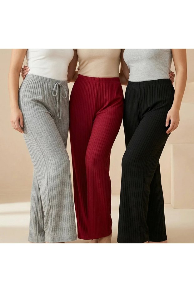Women's 3-Piece Lycra Comfortable Pants & Sweatpants, One Size Fits 45-95 Kg, High Waist Loose Leg, Casual Home Wear
