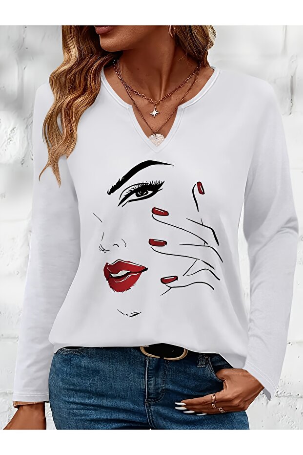 Women's Printed Cotton Half V-Neck Long Sleeve Blouse