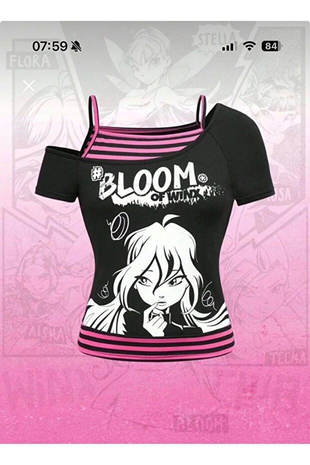 Winx Club Bloom Y2K Short Sleeve Crop Blouse with Attached Straps