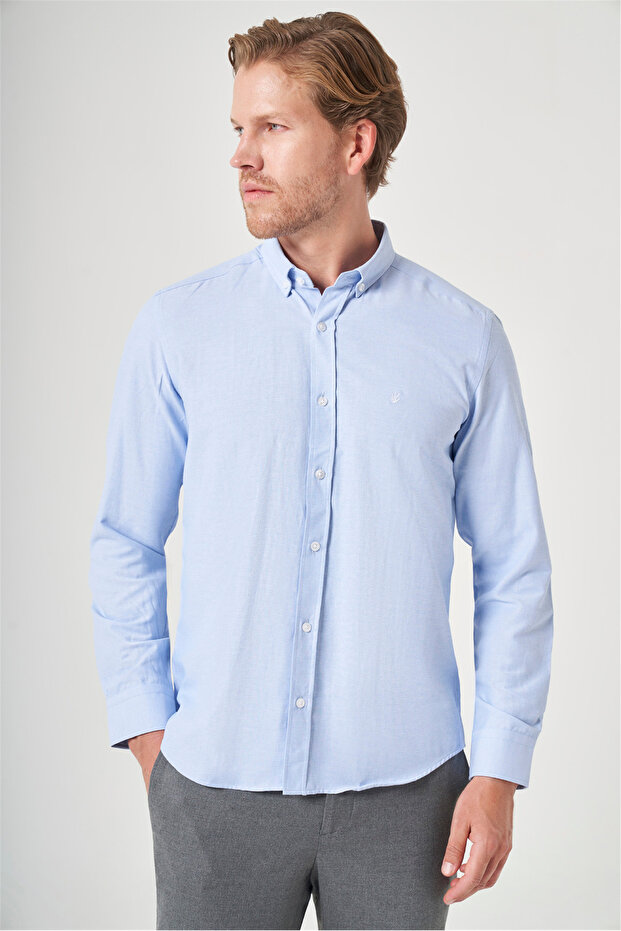 Blue Buttoned Collar Oxford Slim Fit Cotton Shirt 1004265284