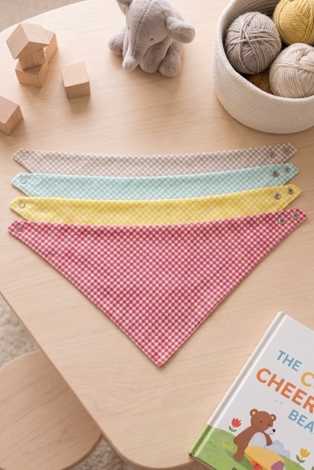 Set of 4 Cotton Gingham Baby Bandana Drool Bibs with Snap Fasteners Newborn Bibs and Feeding Bibs 38X19 cm