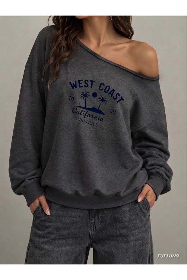 سترة نسائية كبيرة الحجم مطبوعة بطبعة نخيل الساحل الغربي وياقة على شكل قارب
