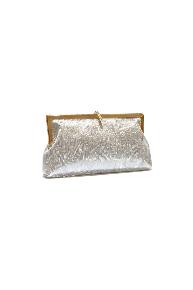 Elegant Lock Detailed Shiny Evening Dress and Shoulder Bag - Silver Glitter