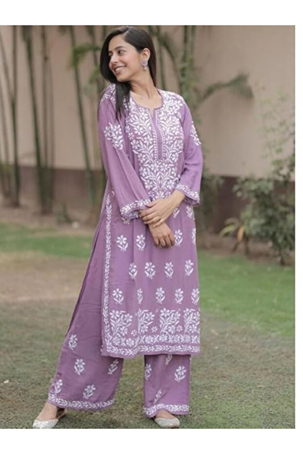 Lavender Rayon Chikankari Kurta with Palazzo Set - FFT8100 | Lavender-Size:L-40-Inches