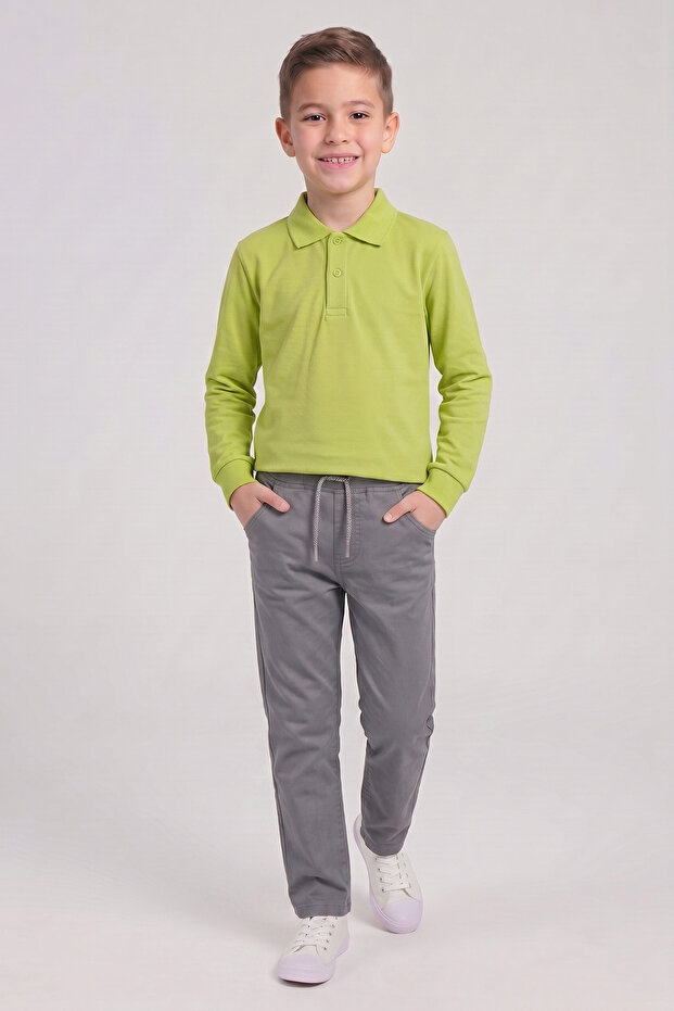 Boy's Pistachio Green Long Sleeve Polo Collar T-Shirt Gray Ribbed Waist Canvas School Pants Bottom - Top Set School Outfit