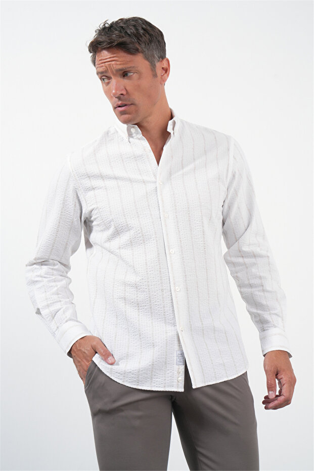 White-Khaki Soft Collar Long Sleeve Slim Fit Cotton Shirt 1004260259