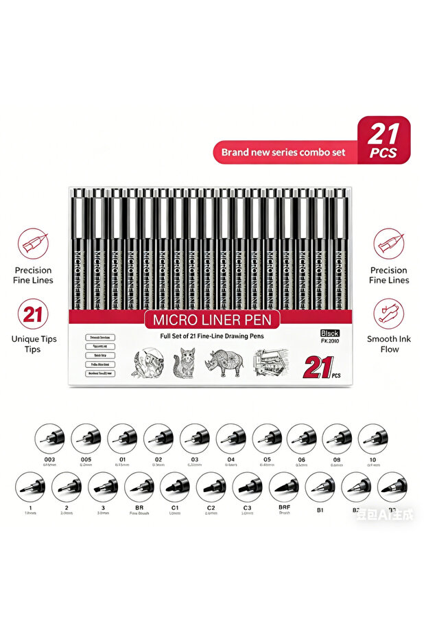 black 21-BLACK 21 Size Black Fineliner Pens Micro Liner Set Waterproof Pigment Ink for Sketching, Dr