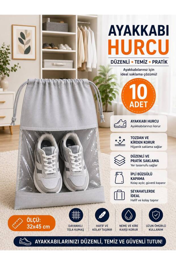 10Pcs Shoe Storage Bag with Drawstring Window/ Travel Bag/ Multi-Purpose Wardrobe Drawer Suitcase Organizer
