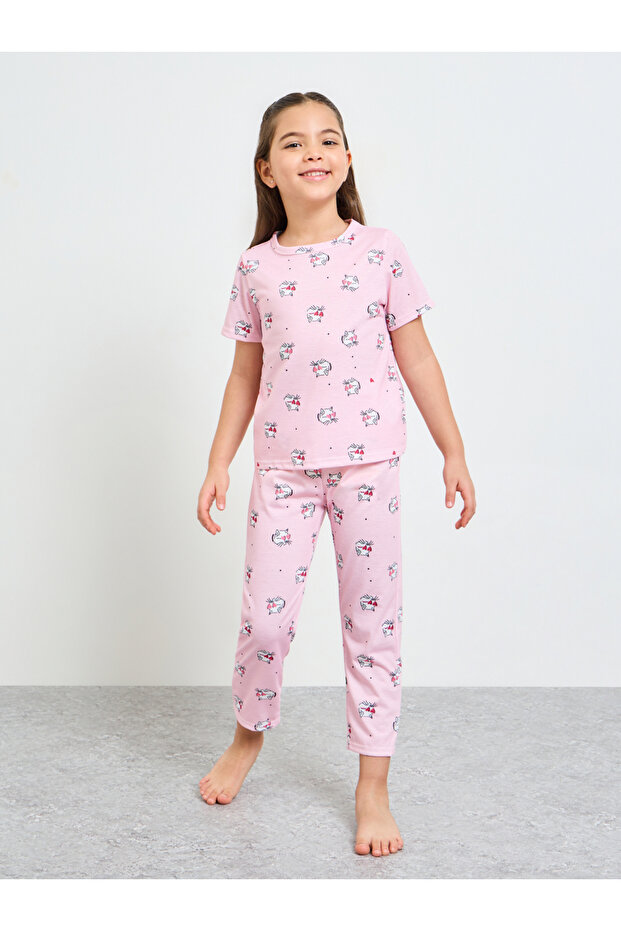 Girls Pink Graphic print T-Shirt and Pants Pyjama Set