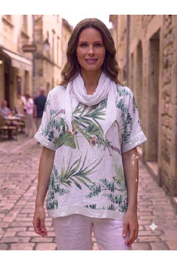 Women's Italian Bali Patterned Loose Blouse with Sequin Detail on Sleeves and Hem, and Scarf