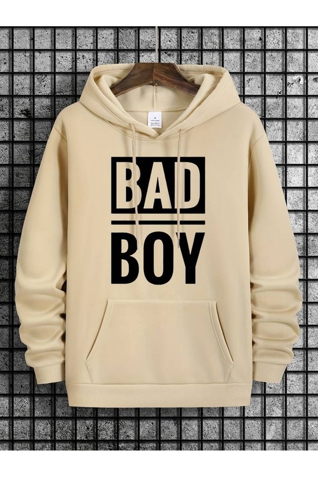 Men's Beige Bad Boy Printed 3 Thread Hooded Hoodie Sweatshirt