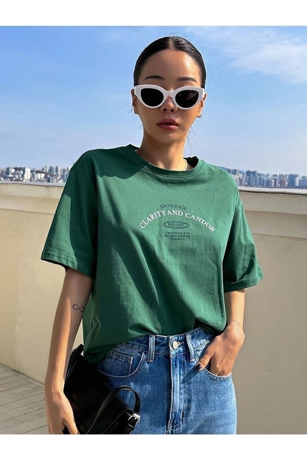 Women's Navy Green Clarity Printed Oversize T-Shirt