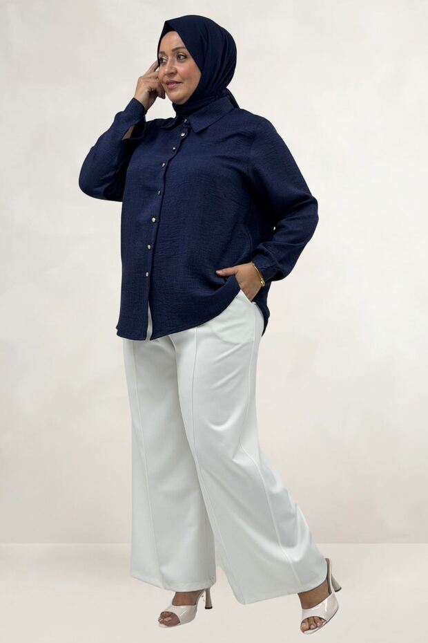 68075 Large Size Men's Collared Short Shirt - Navy Blue