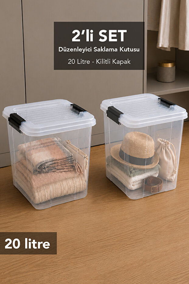 2 Pieces 20Lt Deep Organizer Box - Lockable Lid Multi-Purpose Organizer Elora Storage Box Transparent