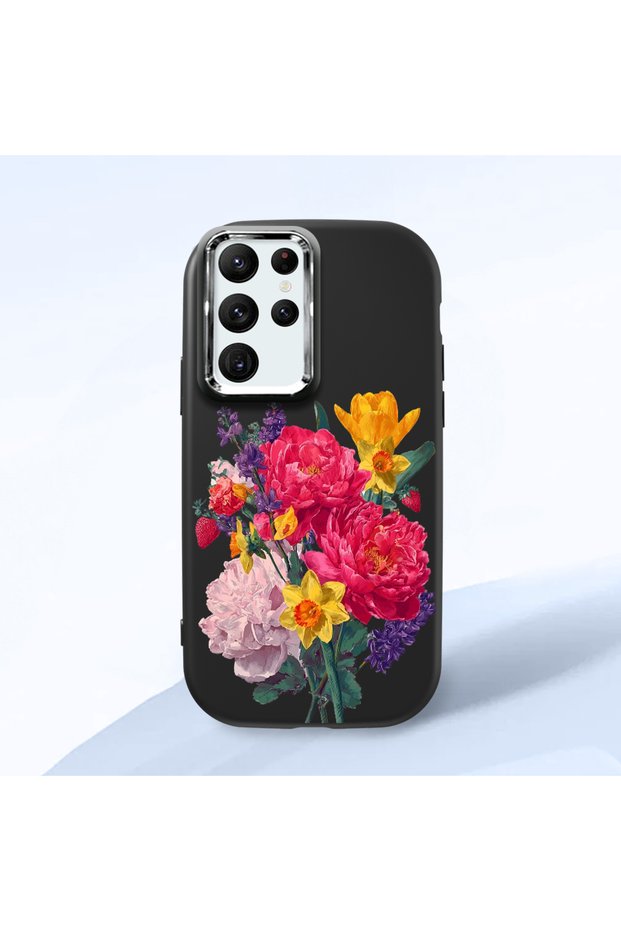 Samsung Galaxy S22 Ultra Compatible Case Camera Protective Black Silicone Couple Phone Case with Floral Pattern