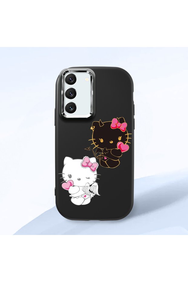 Samsung Galaxy S22 Compatible Case Camera Protector Black Silicone Couple Phone Case Kitty Pattern