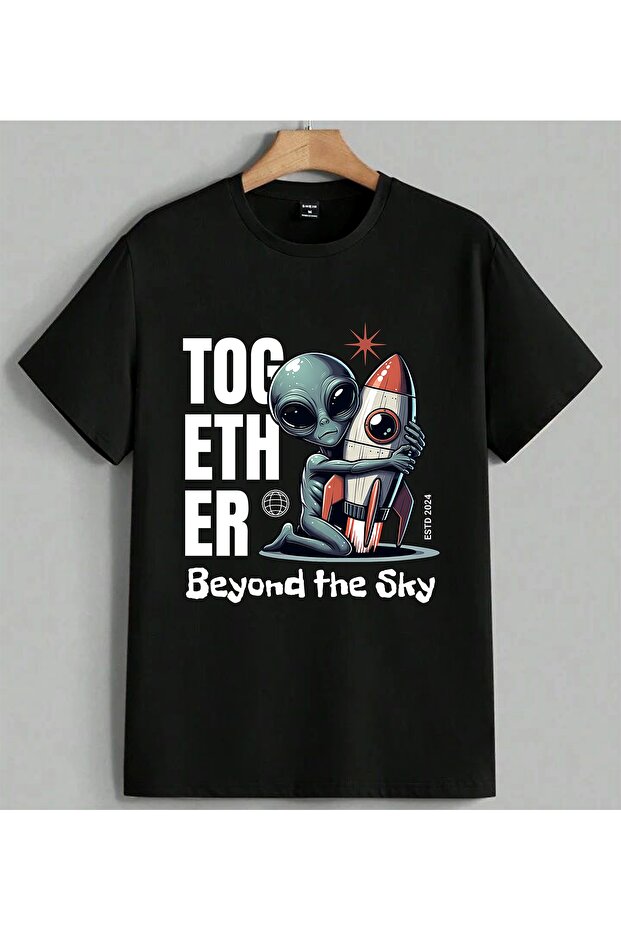Alien Rocket Space Travel Printed Unisex Oversize T-Shirt Black