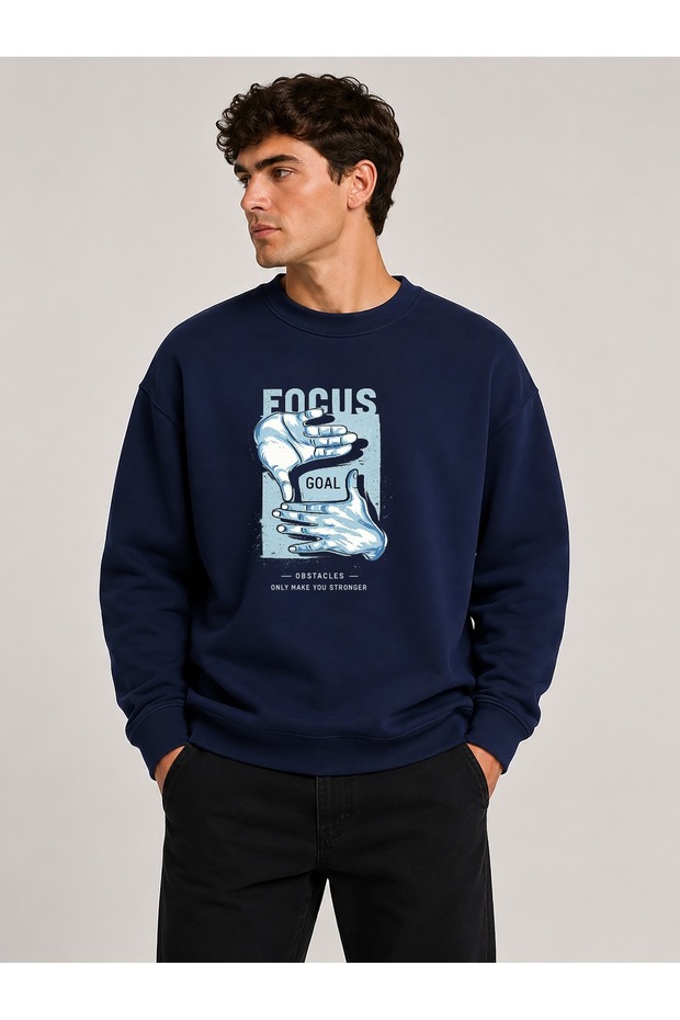 Focus Print Detailed Crew Neck 2 Thread Sweatshirt