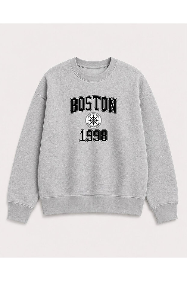 Boston Print Detailed Crew Neck 2 Thread Sweatshirt