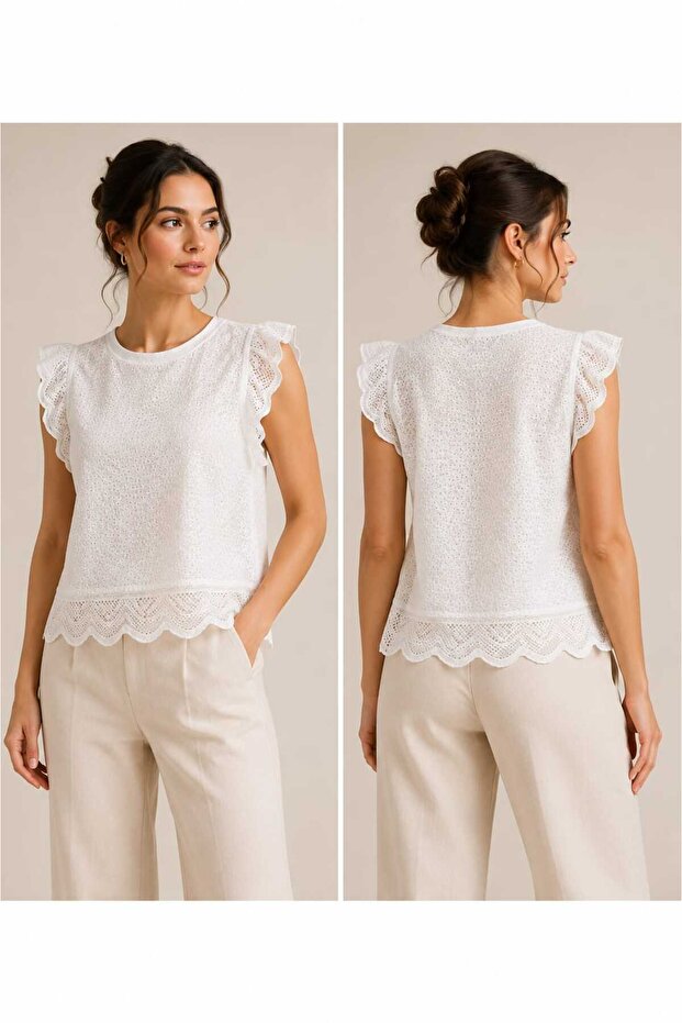 Women's White Lace Sleeveless Blouse – Elegant Summer Top