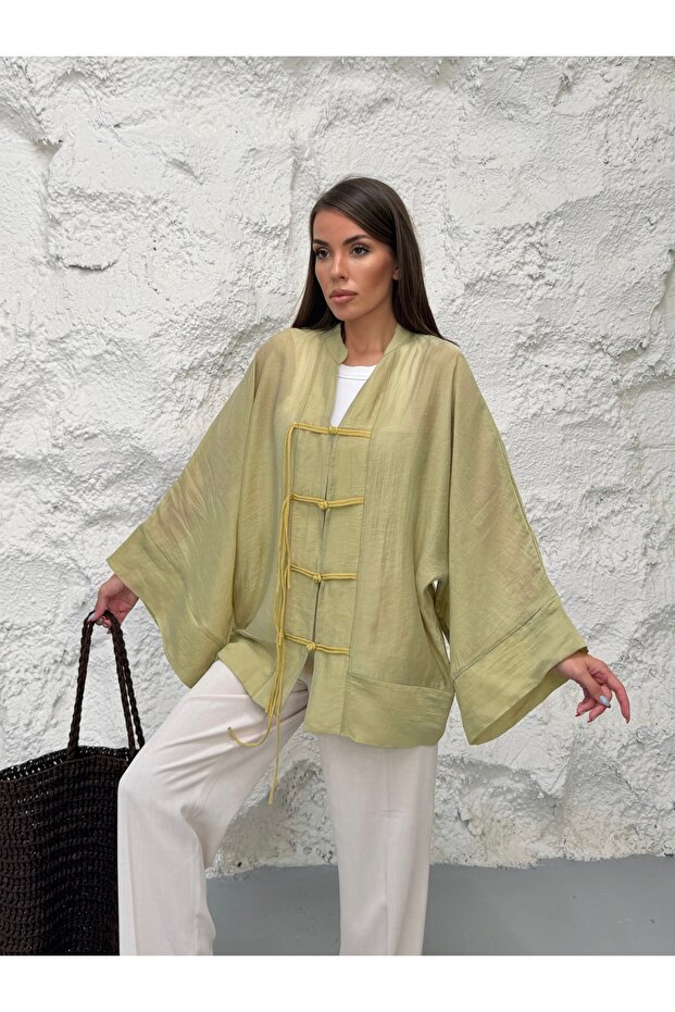 Women's Hakim Collar Brit Buttoned Fringe Detailed Wide Sleeve Jacket Kimono 0133 - Green