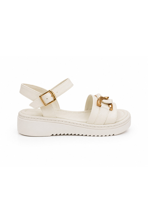Almera Women's White Sandals with Gold Chain Buckle and Wedge Heels