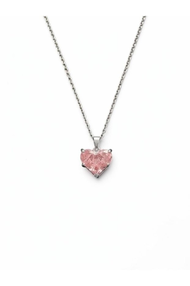 Powder Pink Heart Cut Zircon Stone Pendant Silver Color Thin Chain Women's Necklace