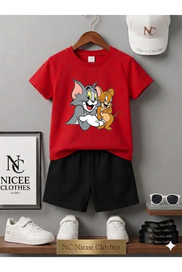 Summer Children's T-Shirt Shorts Unisex (Smiling Tom and Jerry Printed)