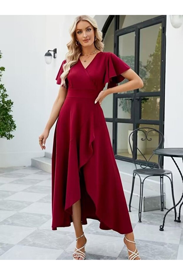 Women's Short Sleeve Double-Breasted Collared Front Asymmetrical Ruffled Long Imported Crepe Dress