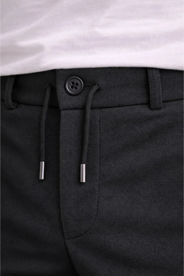 Men's Diagonel Micro Textured Double Leg Pocket Trousers with Lace-Up Waist, Modern Cut - Black