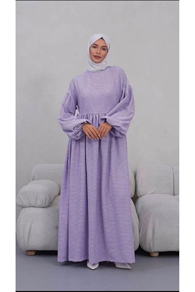 Purple Gingham Patterned Seersucker Fabric Hijab Dress with Waist Tie