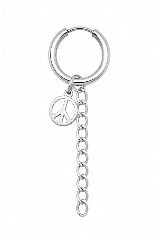 Unisex Silver Color Surgical Steel Dangle Peace Symbol and Chain Figured Hoop Earring 1 Piece