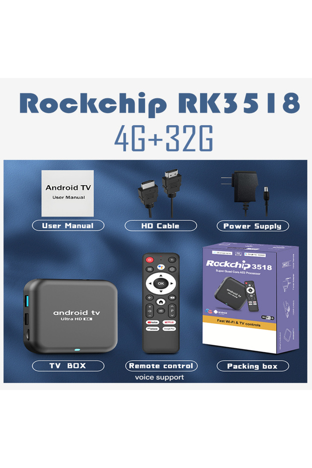 EU Plug 4G 32G voice remote Android 16.0 TV BoxRockchip RK3518 Q18 Smart TV Box 8K Google Assistant