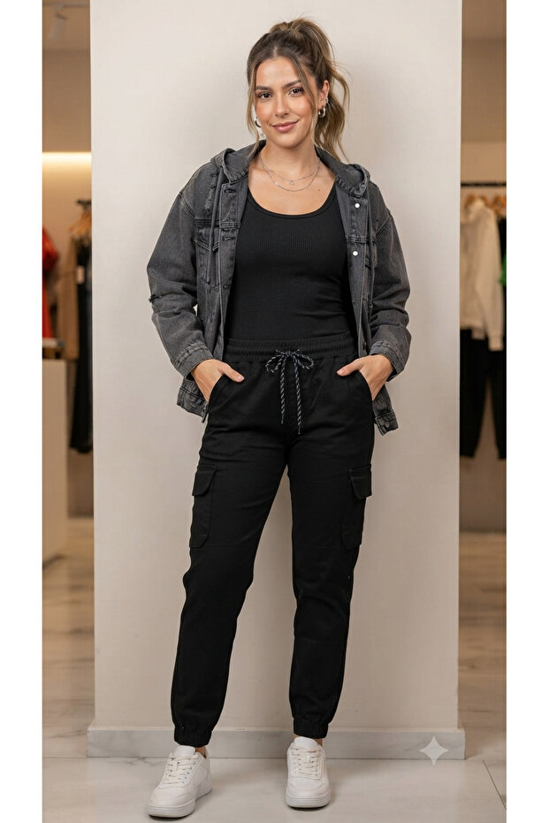Beatriz Lycra Cargo Pants with Elastic Waist and Cuffs and Flap Pockets