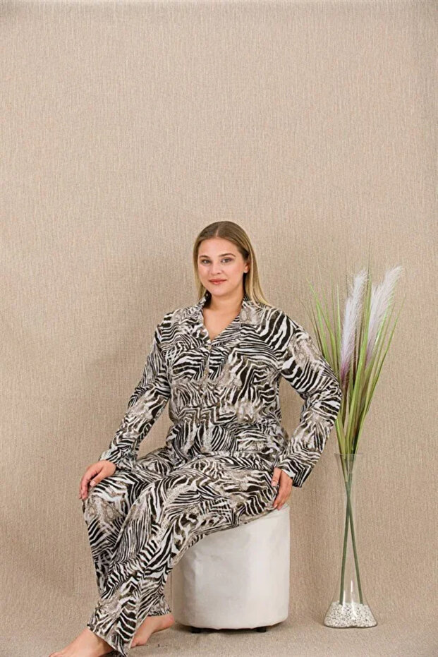 Plus size striped button-down long sleeve viscose pajama set