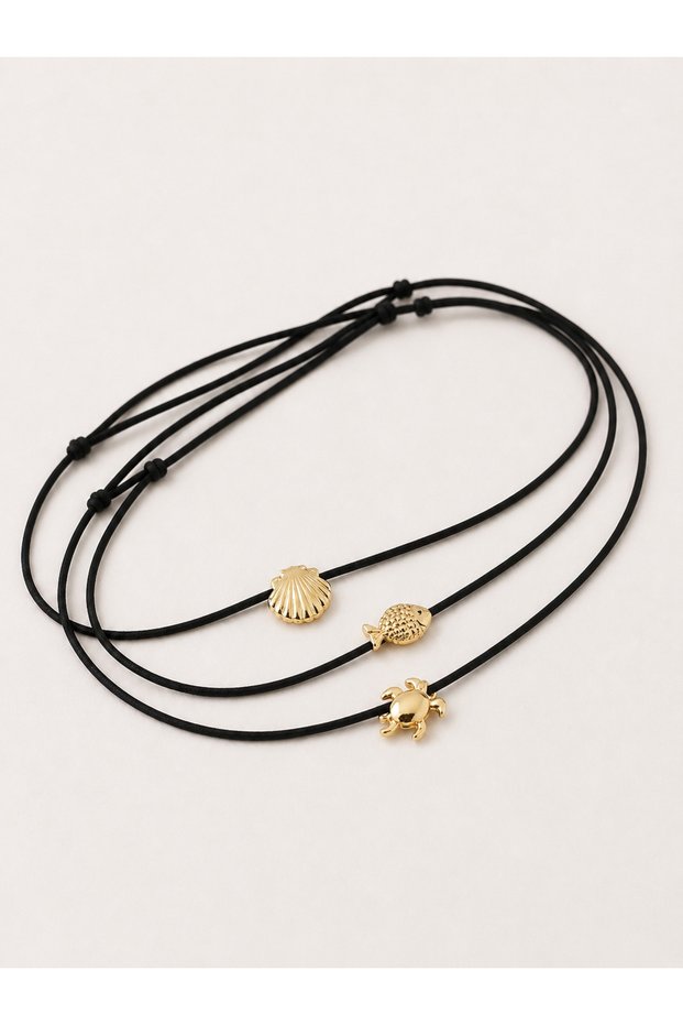 3-Piece Gold Sea Figured Black String Adjustable Anklet Set