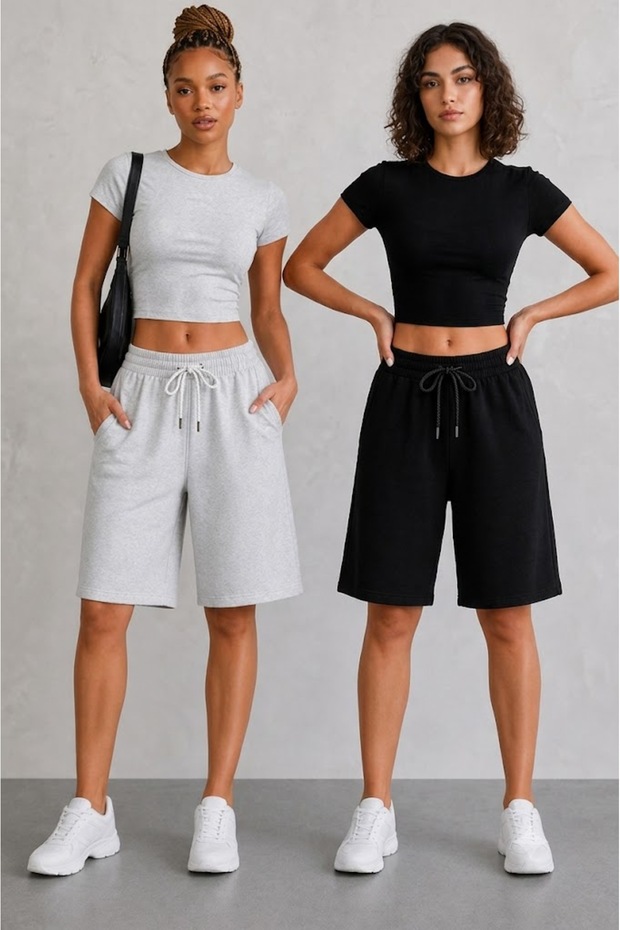 Double Black Gray Shorts Women's Lace-Up Waistband Training and Walking Shorts with Pockets Set of 2