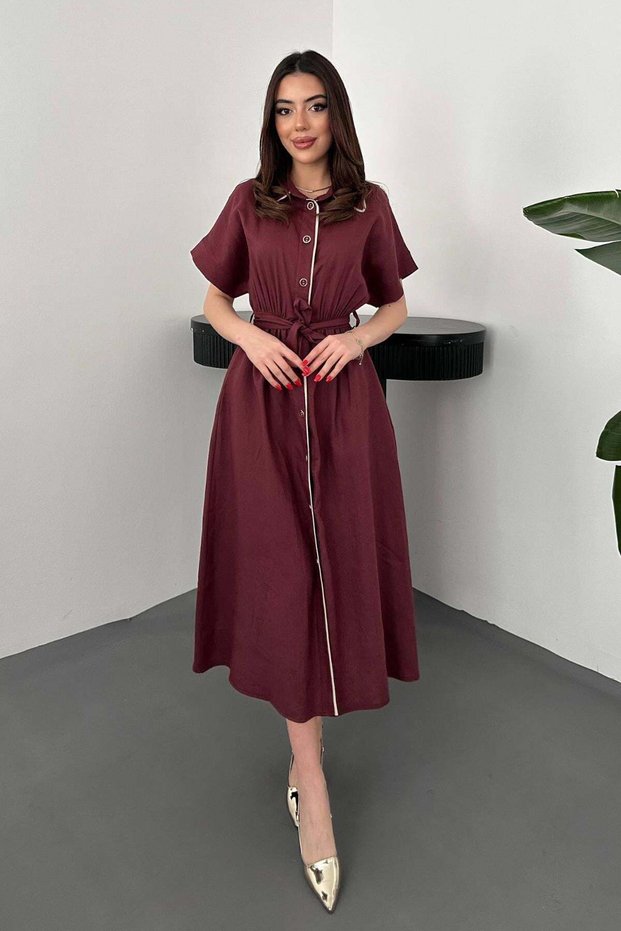 Women's Burgundy Linen Belted Buttoned Pocket Detailed Midi Shirt Dress