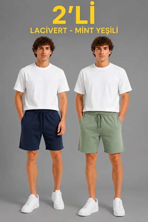 Men's 2-Piece Cotton Shorts with 3 Yarns, No Pockets, Elastic Laces - Navy Blue - Mint Green